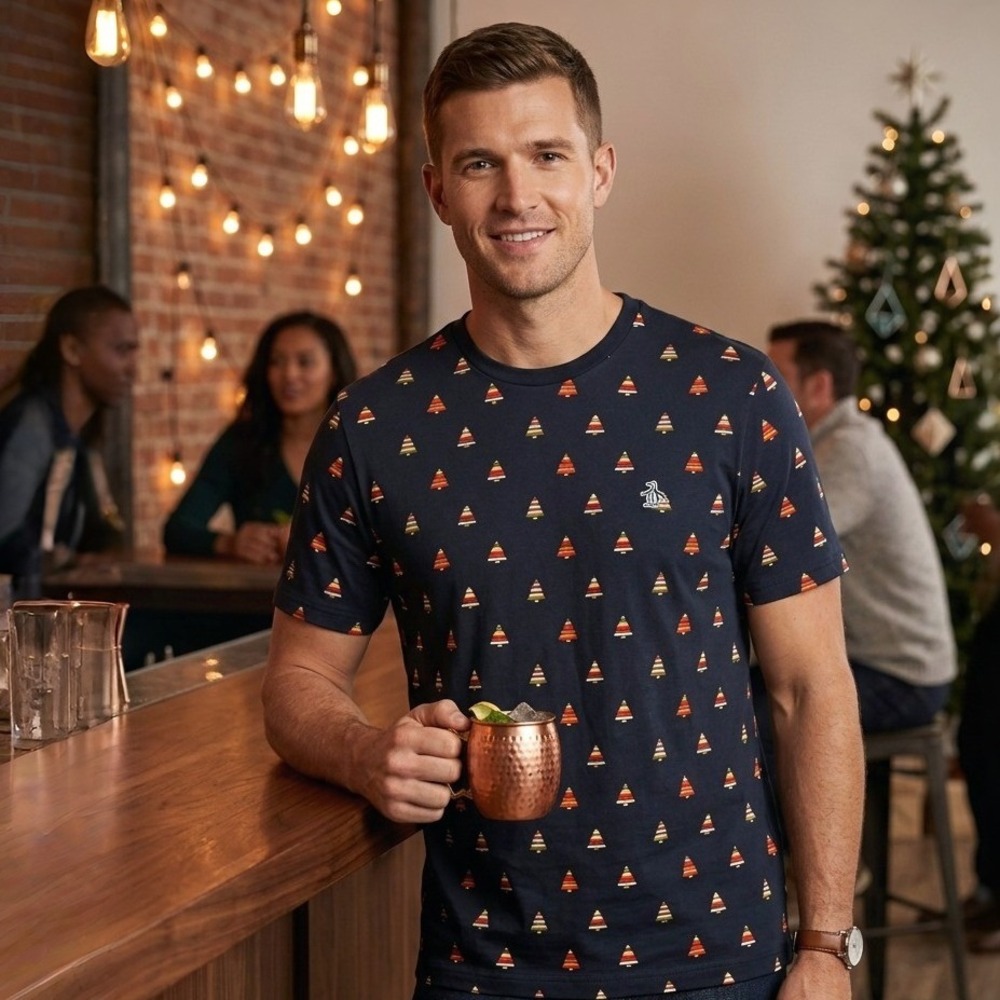 Original Penguin Mens L T-Shirt Dark Sapphire Blue Christmas Tree Holiday NWT